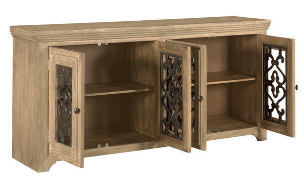 HomeRoots 76" Natural Distressed Solid Wood Sideboard with Soft Close, Glass Doors & Ample Storage Options 612038