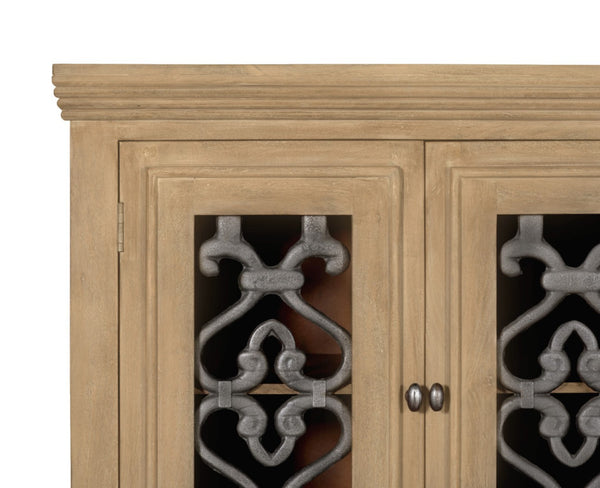 HomeRoots 76" Natural Distressed Solid Wood Sideboard with Soft Close, Glass Doors & Ample Storage Options 612038