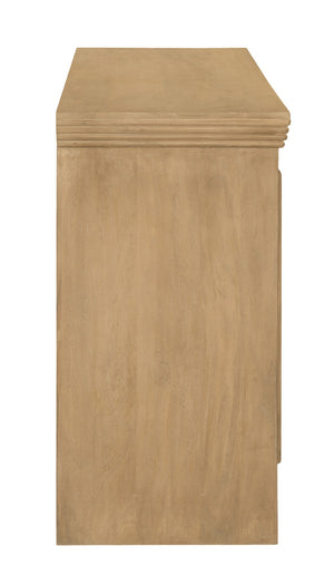 HomeRoots 76" Natural Distressed Solid Wood Sideboard with Soft Close, Glass Doors & Ample Storage Options 612038