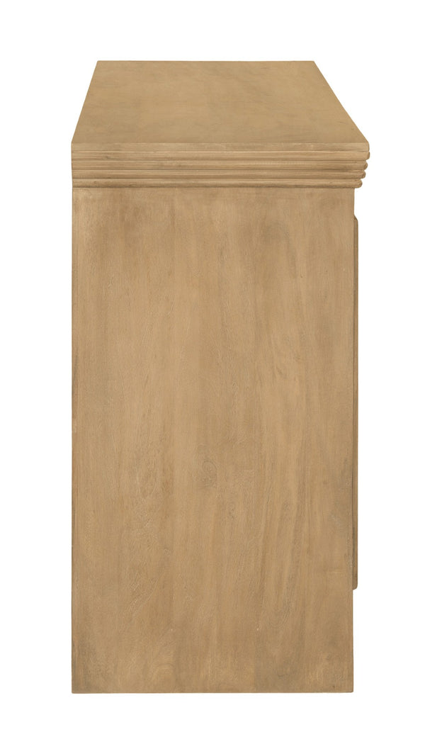 HomeRoots 76" Natural Distressed Solid Wood Sideboard with Soft Close, Glass Doors & Ample Storage Options 612038