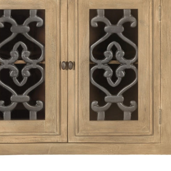 HomeRoots 76" Natural Distressed Solid Wood Sideboard with Soft Close, Glass Doors & Ample Storage Options 612038
