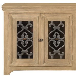 HomeRoots 76" Natural Distressed Solid Wood Sideboard with Soft Close, Glass Doors & Ample Storage Options 612038