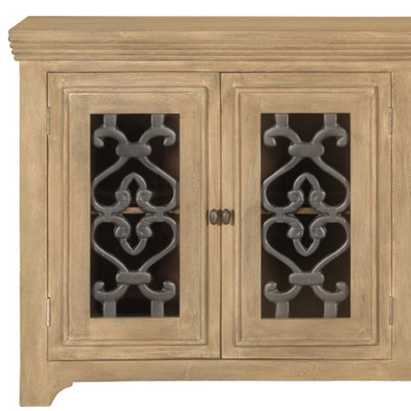 HomeRoots 76" Natural Distressed Solid Wood Sideboard with Soft Close, Glass Doors & Ample Storage Options 612038