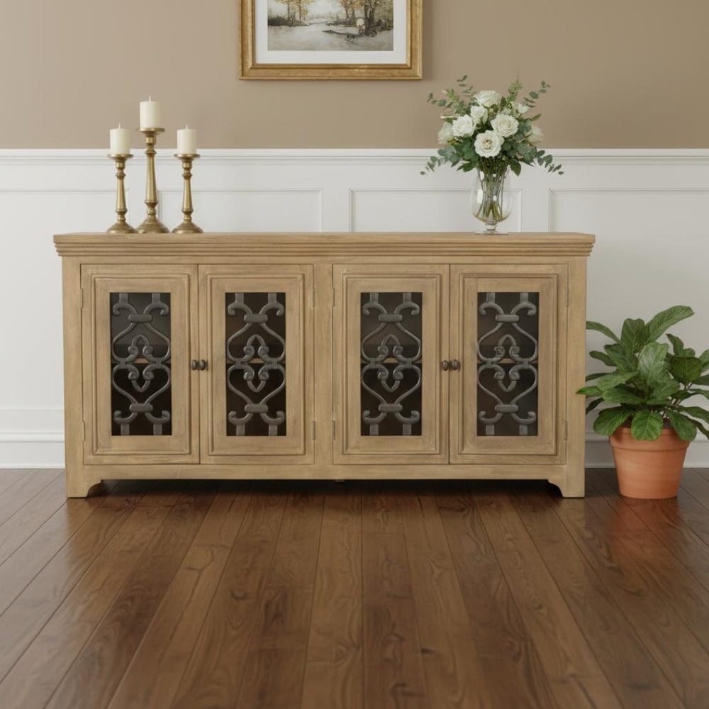 HomeRoots 76" Natural Distressed Solid Wood Sideboard with Soft Close, Glass Doors & Ample Storage Options 612038