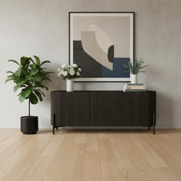HomeRoots 80" Brown Distressed Solid Wood Ribbed Texture Sideboard - Stylish Storage for Any Room Decor 612039