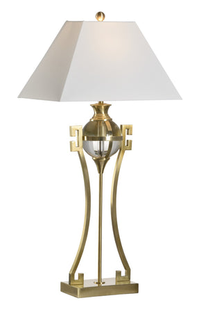 Wildwood Crystal Keeper Lamp With Clear Orb & Abstract Greek Key Frame In Warm Brass, 36"H Accent Light For Entryways 61204