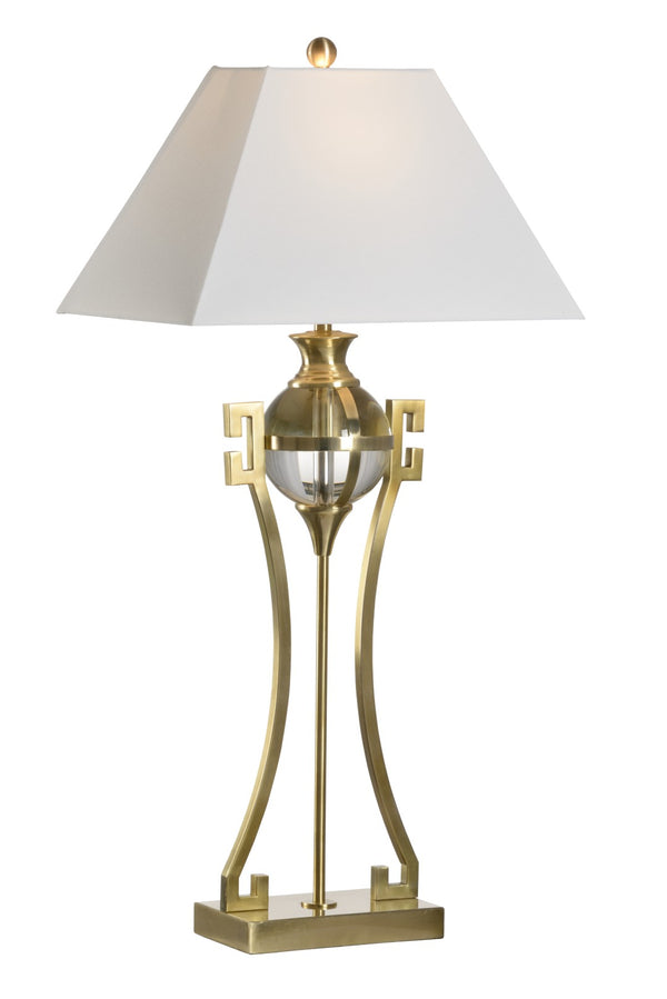 Wildwood Crystal Keeper Lamp With Clear Orb & Abstract Greek Key Frame In Warm Brass, 36"H Accent Light For Entryways 61204