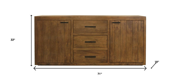 HomeRoots 71" Chestnut Distressed Solid Wood Sideboard - Versatile Storage with Vintage Charm & Style Upgrade! 612040