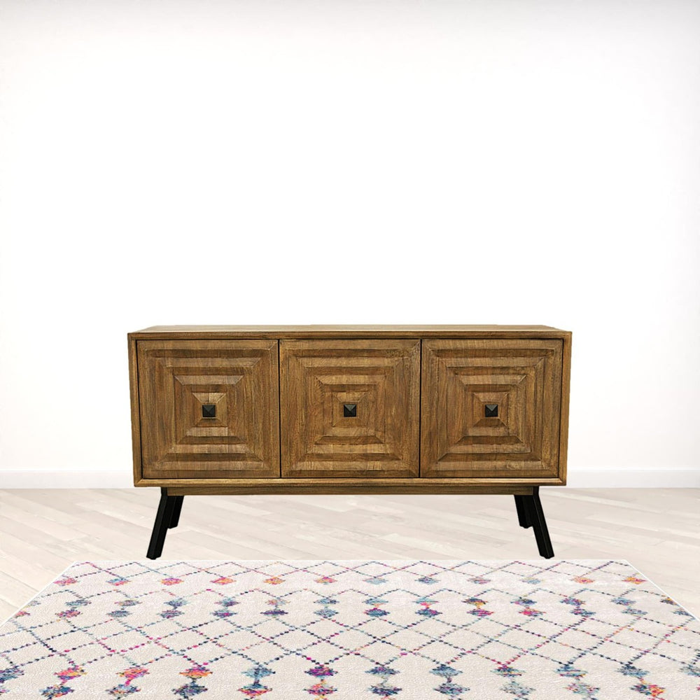 HomeRoots 59" Chestnut Solid Wood Sideboard with Geometric Carvings, Three Doors & Timeless Mid-Century Style 612041