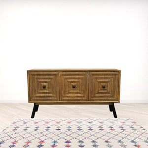 HomeRoots 59" Chestnut Solid Wood Sideboard with Geometric Carvings, Three Doors & Timeless Mid-Century Style 612041