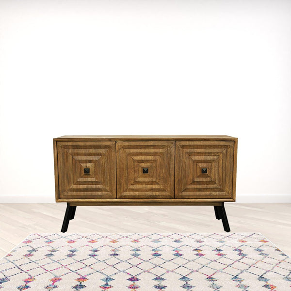 HomeRoots 59" Chestnut Solid Wood Sideboard with Geometric Carvings, Three Doors & Timeless Mid-Century Style 612041
