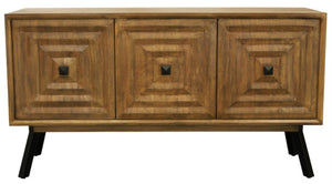 HomeRoots 59" Chestnut Solid Wood Sideboard with Geometric Carvings, Three Doors & Timeless Mid-Century Style 612041