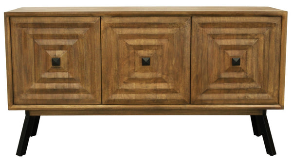 HomeRoots 59" Chestnut Solid Wood Sideboard with Geometric Carvings, Three Doors & Timeless Mid-Century Style 612041