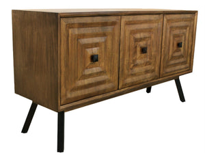 HomeRoots 59" Chestnut Solid Wood Sideboard with Geometric Carvings, Three Doors & Timeless Mid-Century Style 612041