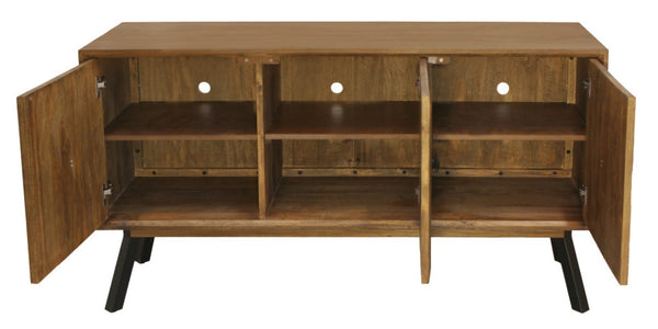 HomeRoots 59" Chestnut Solid Wood Sideboard with Geometric Carvings, Three Doors & Timeless Mid-Century Style 612041
