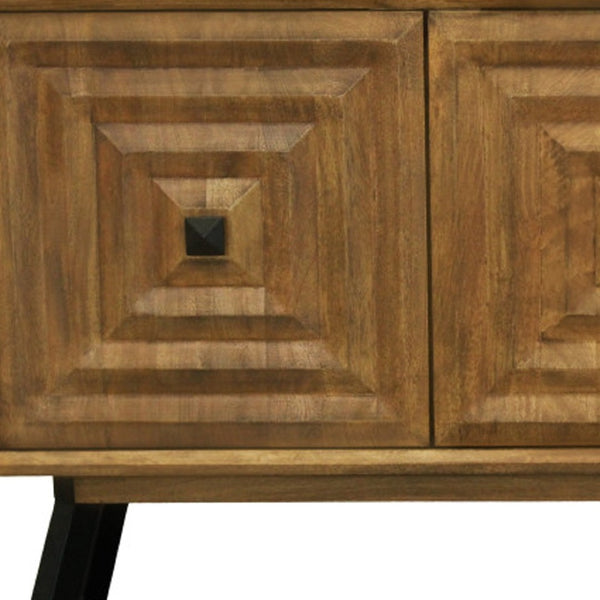 HomeRoots 59" Chestnut Solid Wood Sideboard with Geometric Carvings, Three Doors & Timeless Mid-Century Style 612041