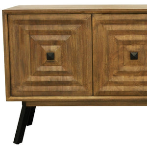HomeRoots 59" Chestnut Solid Wood Sideboard with Geometric Carvings, Three Doors & Timeless Mid-Century Style 612041