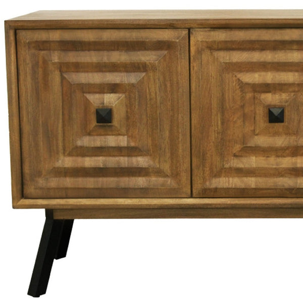 HomeRoots 59" Chestnut Solid Wood Sideboard with Geometric Carvings, Three Doors & Timeless Mid-Century Style 612041