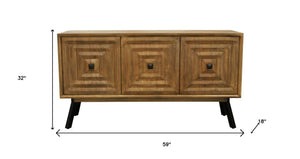 HomeRoots 59" Chestnut Solid Wood Sideboard with Geometric Carvings, Three Doors & Timeless Mid-Century Style 612041