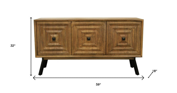 HomeRoots 59" Chestnut Solid Wood Sideboard with Geometric Carvings, Three Doors & Timeless Mid-Century Style 612041