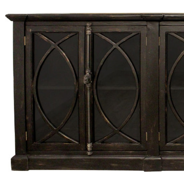 HomeRoots 113" Black Distressed Solid Wood Sideboard with Six Glass Doors – Stylish Storage for Any Room 612042