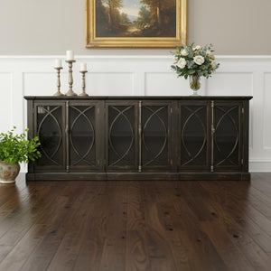 HomeRoots 113" Black Distressed Solid Wood Sideboard with Six Glass Doors – Stylish Storage for Any Room 612042