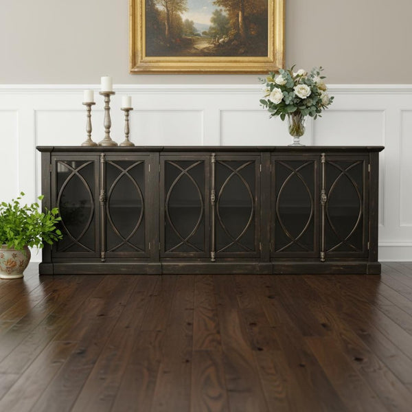 HomeRoots 113" Black Distressed Solid Wood Sideboard with Six Glass Doors – Stylish Storage for Any Room 612042