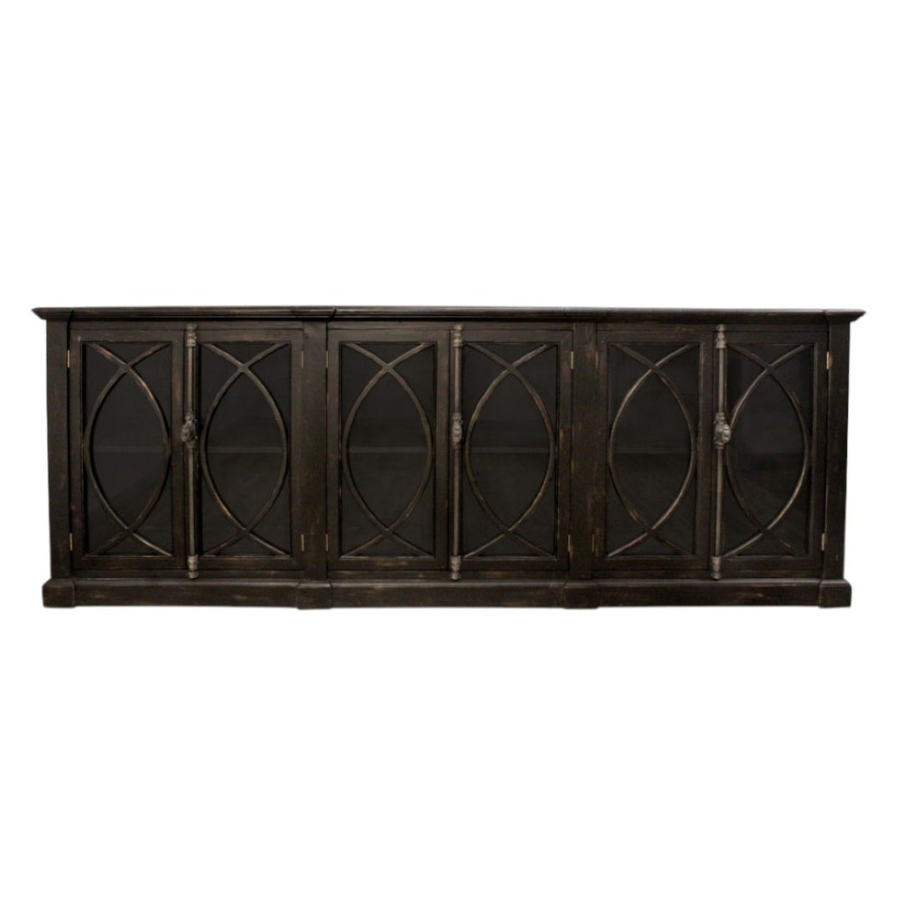 HomeRoots 113" Black Distressed Solid Wood Sideboard with Six Glass Doors – Stylish Storage for Any Room 612042