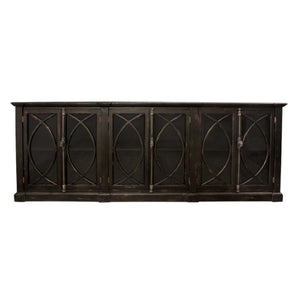 HomeRoots 113" Black Distressed Solid Wood Sideboard with Six Glass Doors – Stylish Storage for Any Room 612042