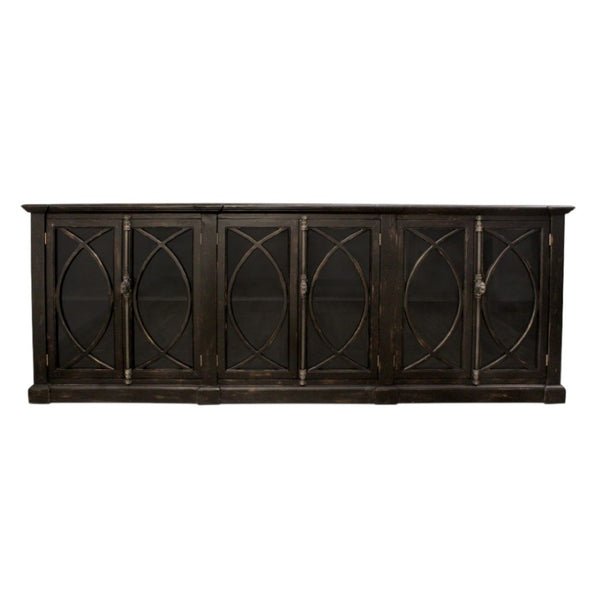 HomeRoots 113" Black Distressed Solid Wood Sideboard with Six Glass Doors – Stylish Storage for Any Room 612042