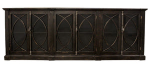HomeRoots 113" Black Distressed Solid Wood Sideboard with Six Glass Doors – Stylish Storage for Any Room 612042