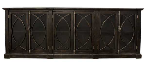 HomeRoots 113" Black Distressed Solid Wood Sideboard with Six Glass Doors – Stylish Storage for Any Room 612042