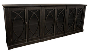 HomeRoots 113" Black Distressed Solid Wood Sideboard with Six Glass Doors – Stylish Storage for Any Room 612042