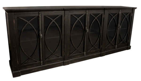 HomeRoots 113" Black Distressed Solid Wood Sideboard with Six Glass Doors – Stylish Storage for Any Room 612042