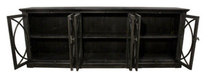 HomeRoots 113" Black Distressed Solid Wood Sideboard with Six Glass Doors – Stylish Storage for Any Room 612042