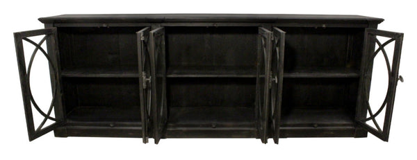 HomeRoots 113" Black Distressed Solid Wood Sideboard with Six Glass Doors – Stylish Storage for Any Room 612042