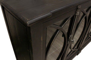 HomeRoots 113" Black Distressed Solid Wood Sideboard with Six Glass Doors – Stylish Storage for Any Room 612042