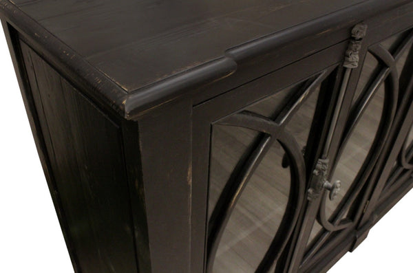 HomeRoots 113" Black Distressed Solid Wood Sideboard with Six Glass Doors – Stylish Storage for Any Room 612042