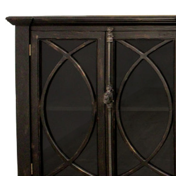 HomeRoots 113" Black Distressed Solid Wood Sideboard with Six Glass Doors – Stylish Storage for Any Room 612042