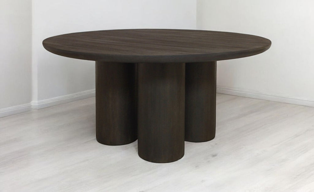 HomeRoots Seven Piece Dark Brown Solid Wood Dining Set – Round Table & Upholstered Wing-Back Chairs 612051