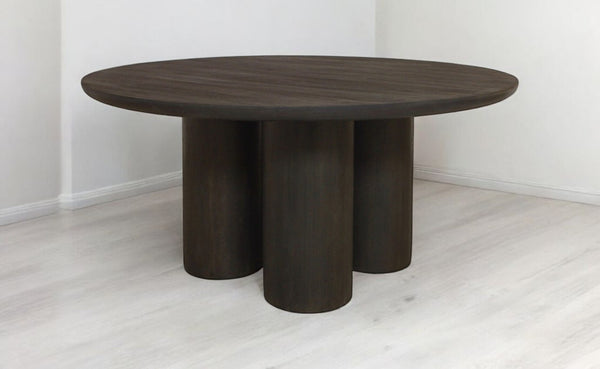 HomeRoots Seven Piece Dark Brown Solid Wood Dining Set – Round Table & Upholstered Wing-Back Chairs 612051