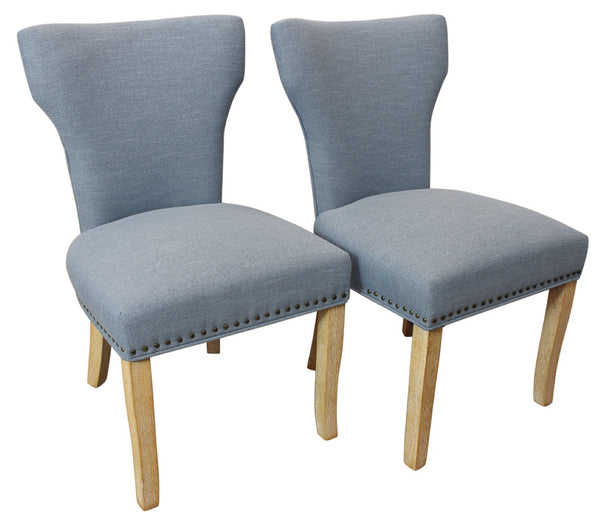 HomeRoots Seven Piece Rustic Dark Brown Solid Wood Dining Set with Denim Blue Wing-Back Chairs for Elegance 612061