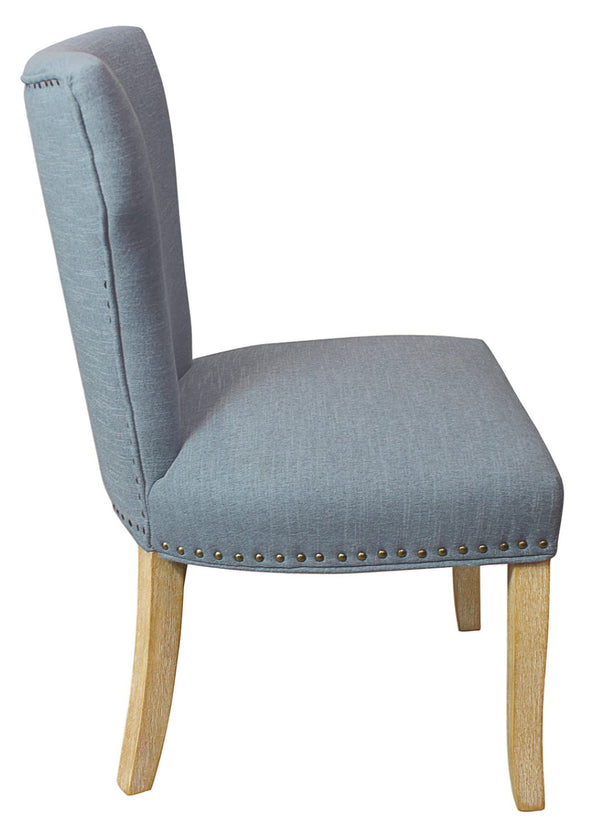 HomeRoots Seven Piece Rustic Dark Brown Solid Wood Dining Set with Denim Blue Wing-Back Chairs for Elegance 612061