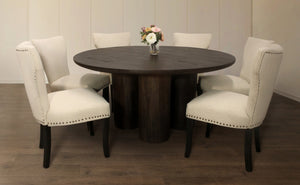HomeRoots Seven Piece Dark Brown Round Solid Wood Dining Set with Chic Wingback Chairs for Stylish Dining 612063