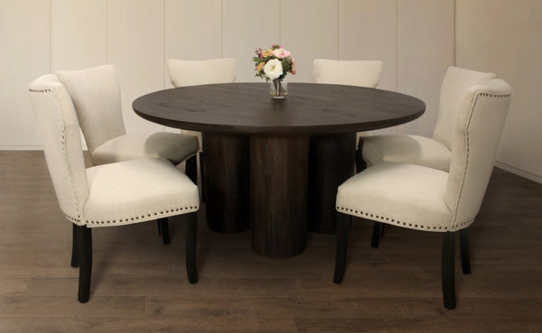 HomeRoots Seven Piece Dark Brown Round Solid Wood Dining Set with Chic Wingback Chairs for Stylish Dining 612063