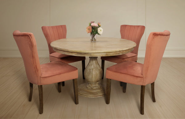 HomeRoots Five-Piece Natural Round Solid Wood Dining Set with Plush Velvet Chairs for Cozy Gatherings 612064