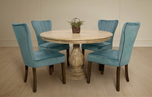 HomeRoots Five-Piece Natural Round Solid Wood Dining Set with Teal Upholstered Chairs for Stylish Gatherings 612065