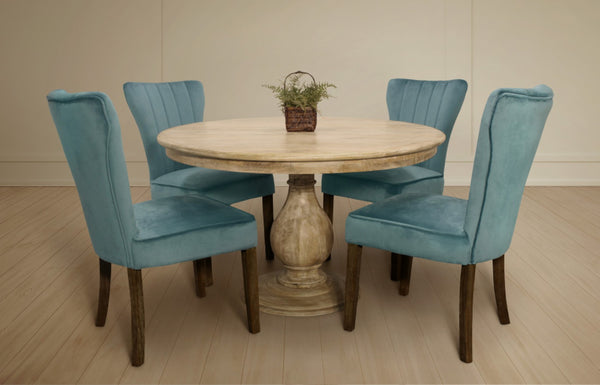 HomeRoots Five-Piece Natural Round Solid Wood Dining Set with Teal Upholstered Chairs for Stylish Gatherings 612065