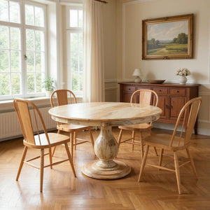 HomeRoots Five-Piece Natural Round Solid Wood Dining Set with Teal Upholstered Chairs for Stylish Gatherings 612065