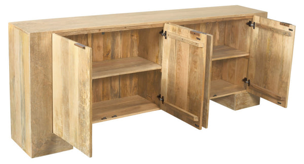 HomeRoots 86" Natural Distressed Solid Wood Sideboard - Stylish Storage Buffet with Four Doors & Bronze Accents 612066